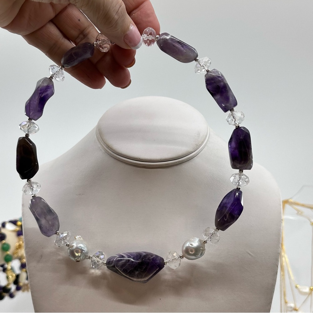 C101 New Trendy Natural Freshwater Pearls Genuine Amethyst & Crystal Choker